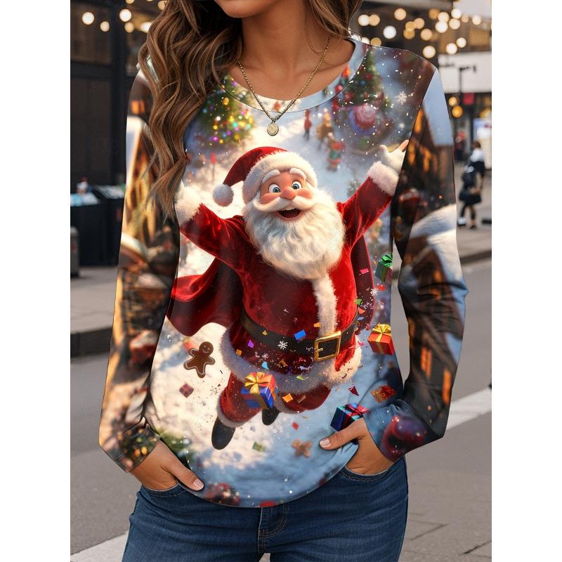 Рождественская женская футболка с графикой Санта-Клауса, винтажная, модная, стильная, с длинным рукавом, с круглым вырезом, обычная, для повседневной носки и выходных