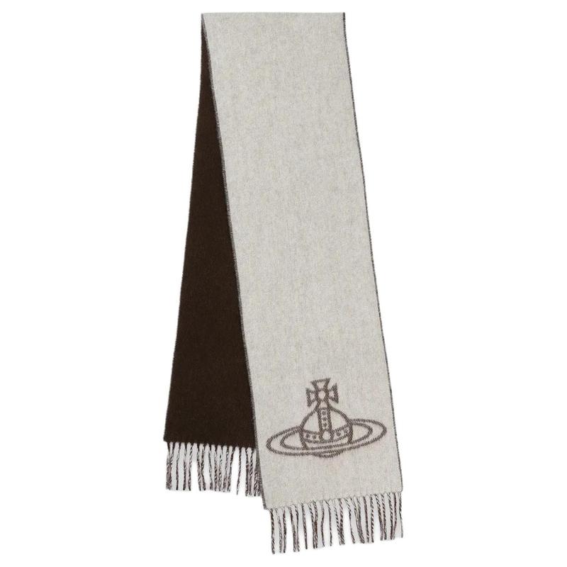 Vivienne Westwood Tassel double-sided design wool scarf women's brown/grey 81030006W00ZHD401-1