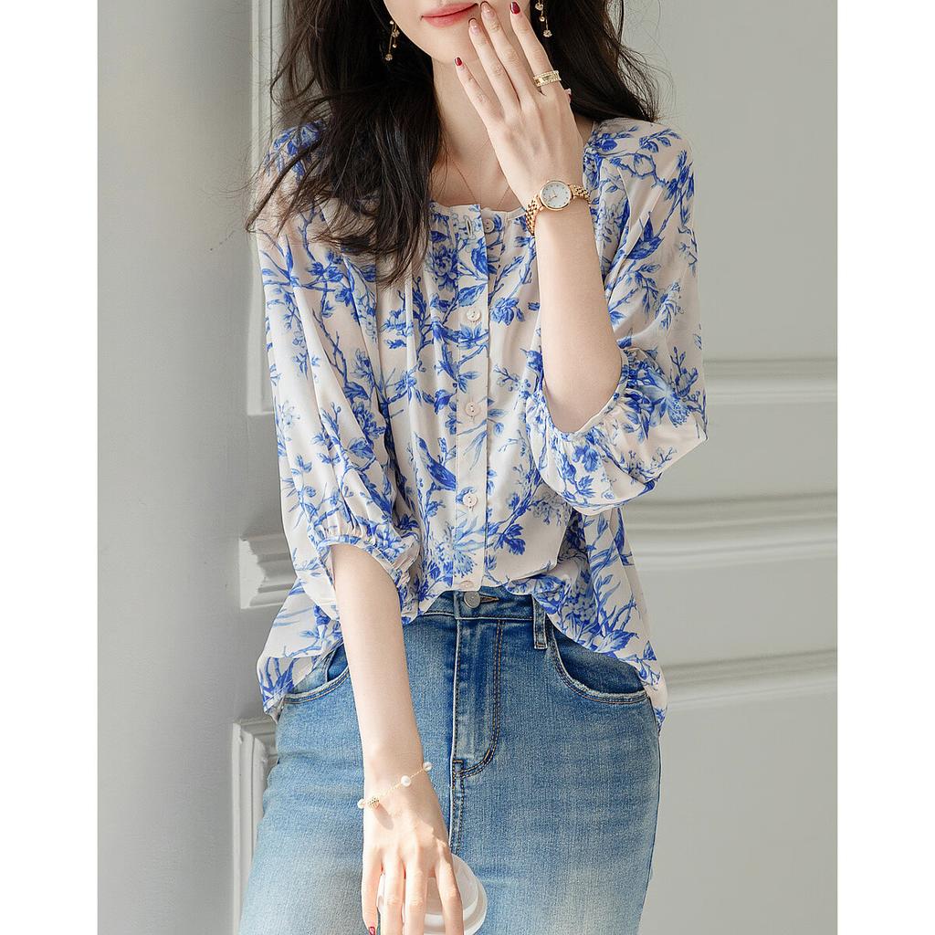 Dme [Deep Blue Eternal] Spring And Autumn Korean-Style Instagram-Style Printed Blouse with Puff Sleeves, Slimming And Elegant Women's Shirt