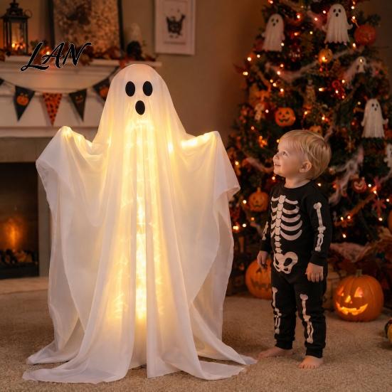 White Gauze Ghost Halloween Decoration, LED Light Up Standing Ghost, Indoor Outdoor Atmospheric Spooky for Porch, Yard, Lawn, Garden Decor Lighted