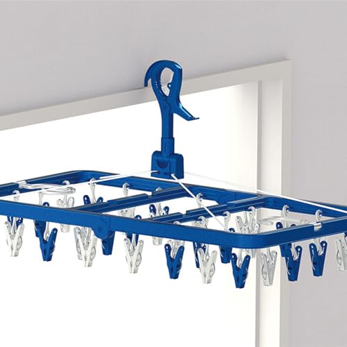 Towa Sangyo Laundry Drying Rack with LST Side Hooks, 32 Pinch Clothes Hangers, Blue, Anti-Tilt, Double Hooks, Large, Approx. 33cm Wide x 60cm Deep x 3