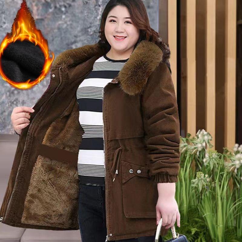 Plus Velvet Jacket, Women's Autumn and Winter Loose Padded Jacket, Mid-length Jacket, Middle-aged and Elderly Padded Jacket