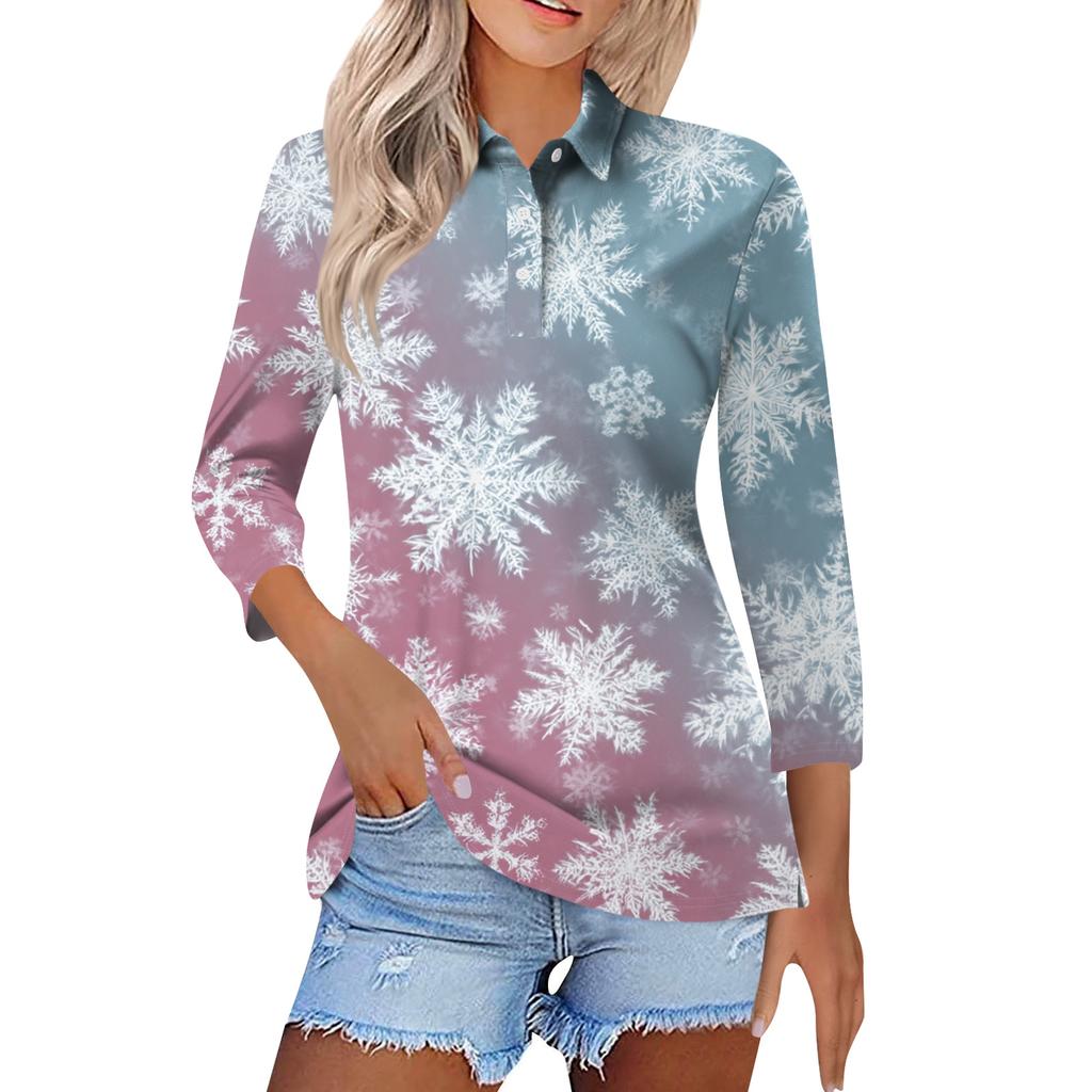 Women's Fashion Casual Lapel Short 3/4 Sleeve Christmas Print Shirt Women's Button Up Tops
