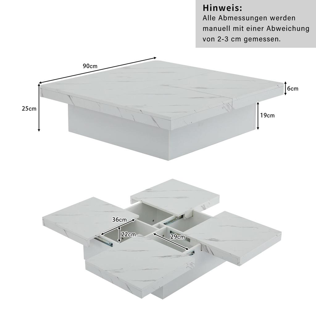 Couchtisch Moderner Ausziehbar, kreativer Sofatisch Kaffeetisch verstecktem Ablagefach, Mitteltisch Wohnzimmer Büro Schlafzimmer, Marmor-Optik