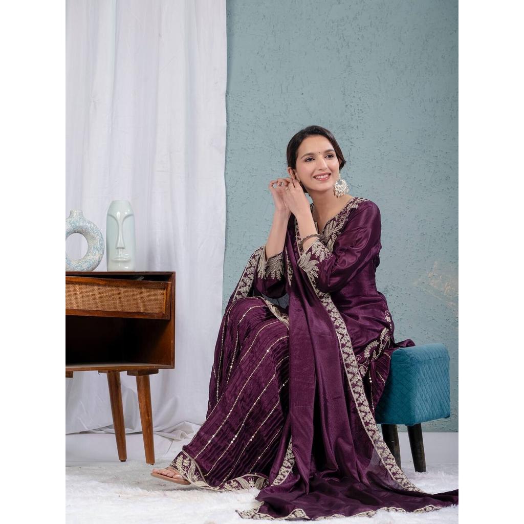 INDIAN PAKISTANI CHINNON SILK SHARARA SALWAR KAMEEZ SET WOMEN PARTY WEAR ETHNIC VFP-1884a