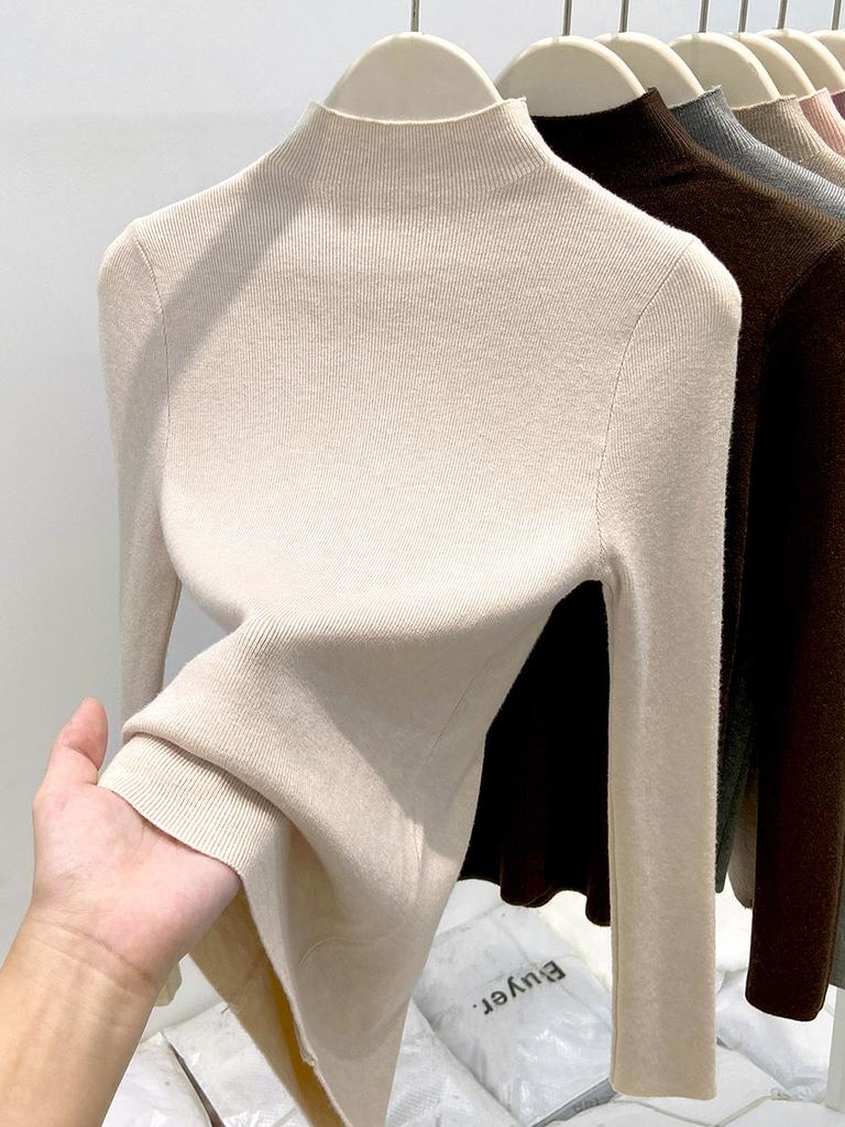 Белый базовый трикотажный свитер с полувысоким воротником женский осенне-зимний приталенный и тонкий внутренний с длинными рукавами мягкий восковой свитер модный топ