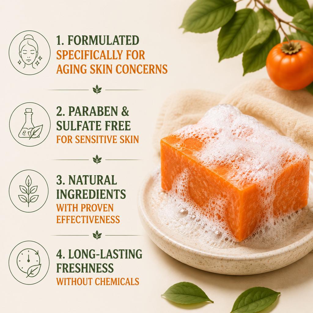 Persimmon Soap Bar Woody Fruity Scent Moisturizing Cleansing New Packaging Handmade Bath Shower Face Soap