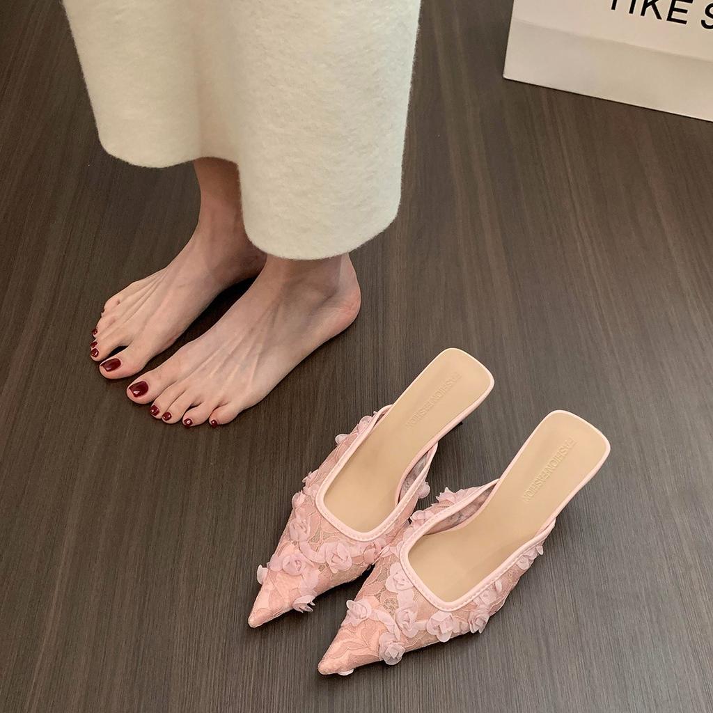 Fashion Summer Women's Fashion High Heel Mules Slippers Elegant Cover Toe Dress Lace Slides Ladies Dancing Party Prom Shoes