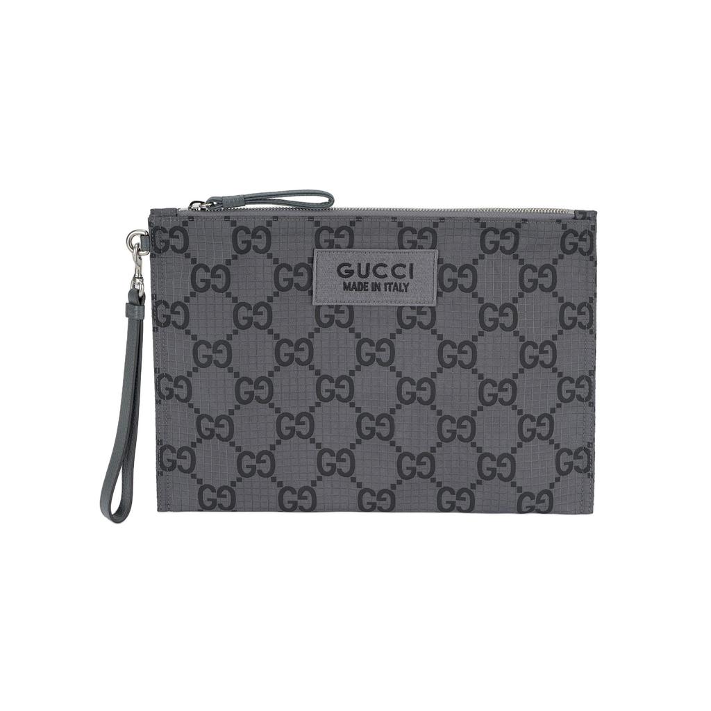 Gucci Сумка-кошелек на молнии с монограммой GG, серый канвас, кожаная отделка, с ремешком на запястье. Для повседневного использования и путешествий.