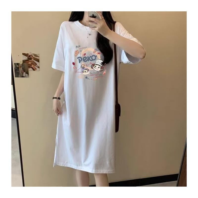 Женское летнее платье-футболка с короткими рукавами, свободное пижамное платье средней длины с разрезом