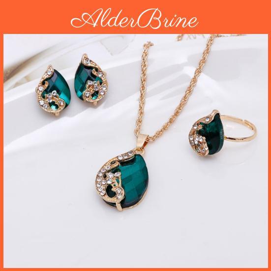 Water Peacock Drop Rhinestone Women Pendant Necklace Earrings Ring Jewelry Set