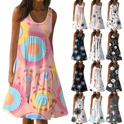 Женские платья-жилеты Лето-весна Плиссированные богемные платья Симпатичные струящиеся пляжные платья без рукавов Прямая футболка Платья-майки Платья с круглым вырезом