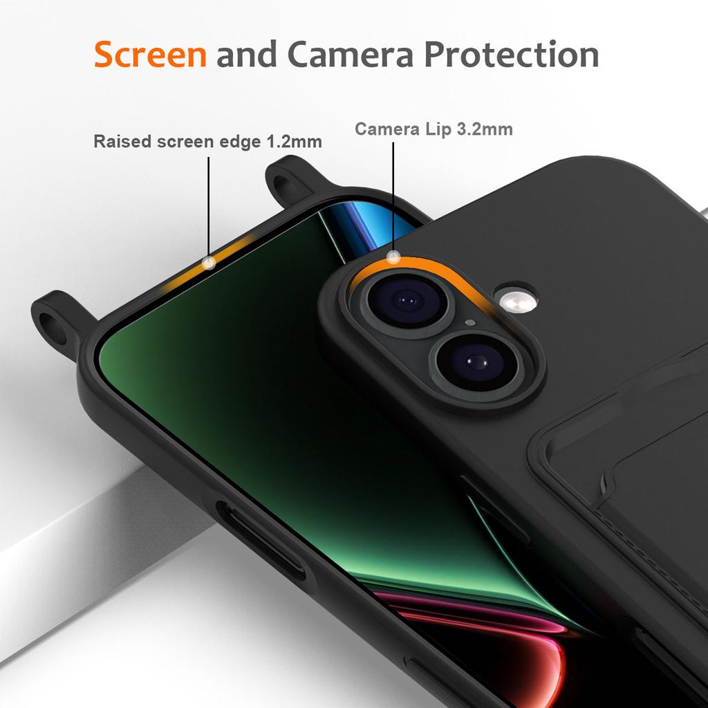 For iPhone 17 Case Liquid Silicone Card Holder Back Phone Cover with Lanyard