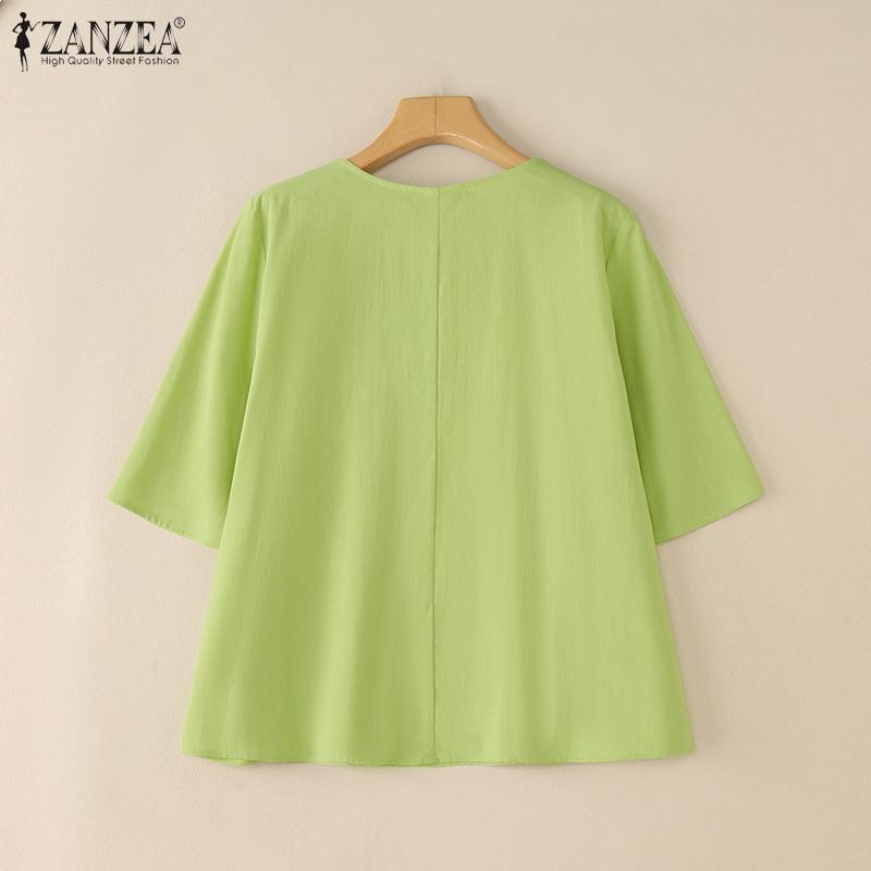 ZANZEA Женская летняя блузка с круглым вырезом, свободного кроя, с рукавом до локтя