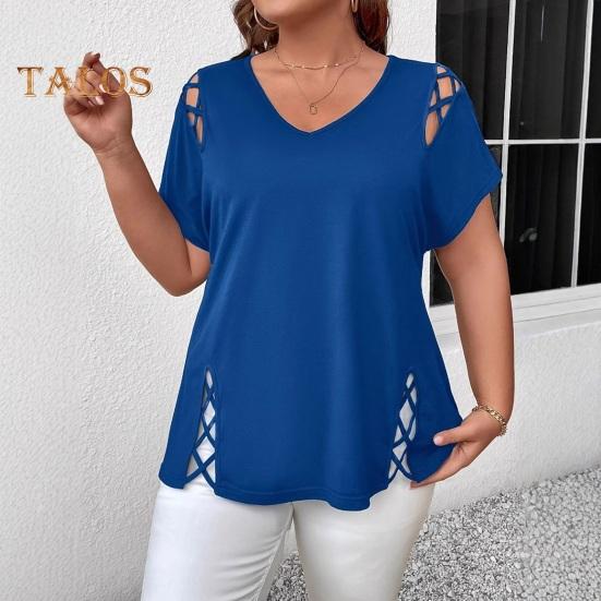 Женская летняя футболка с V-образным вырезом, коротким рукавом, однотонная, свободного кроя, повседневные топы с ажурным перекрестным дизайном