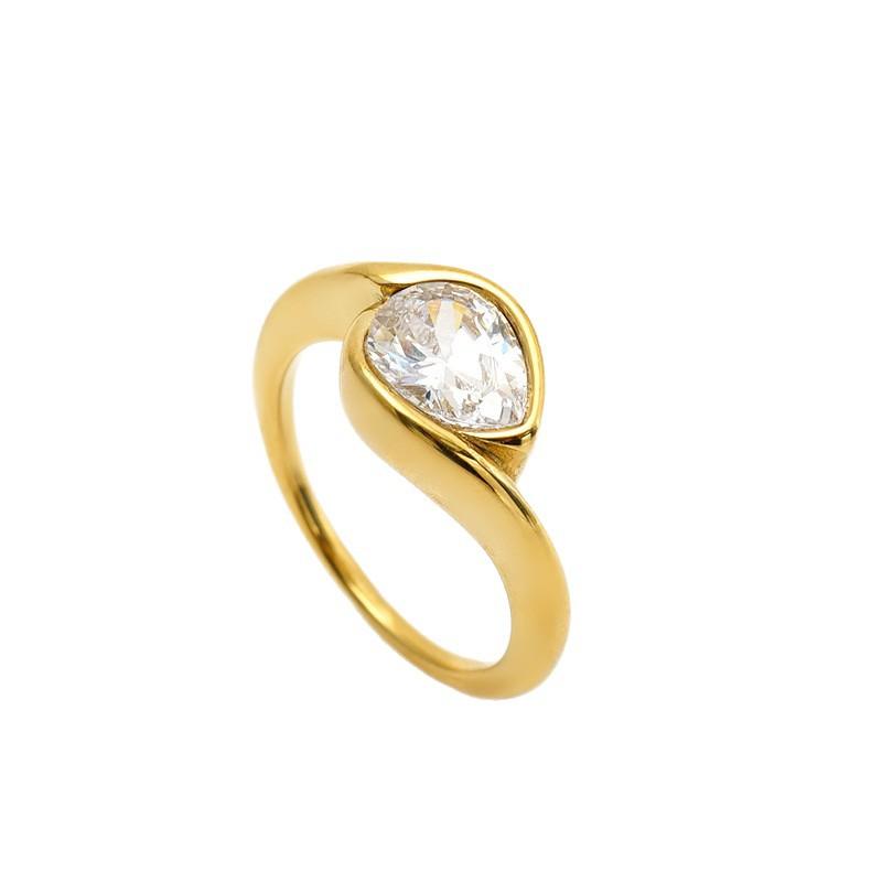 European and American fashion, light luxury, teardrop-shaped, closed-end stainless steel, plated14k Gold ring with cubic zirconia, a versatile ring