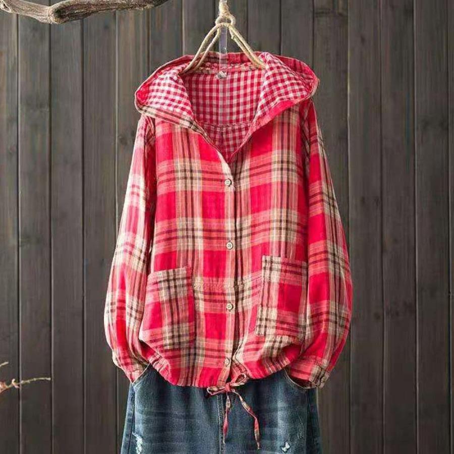 Women's Japanese Korean Hooded Thin Jacket Retro Double-layer Cotton Yarn Checkered Plus Size Artistic Retro Casual Cardigan Top Jacket