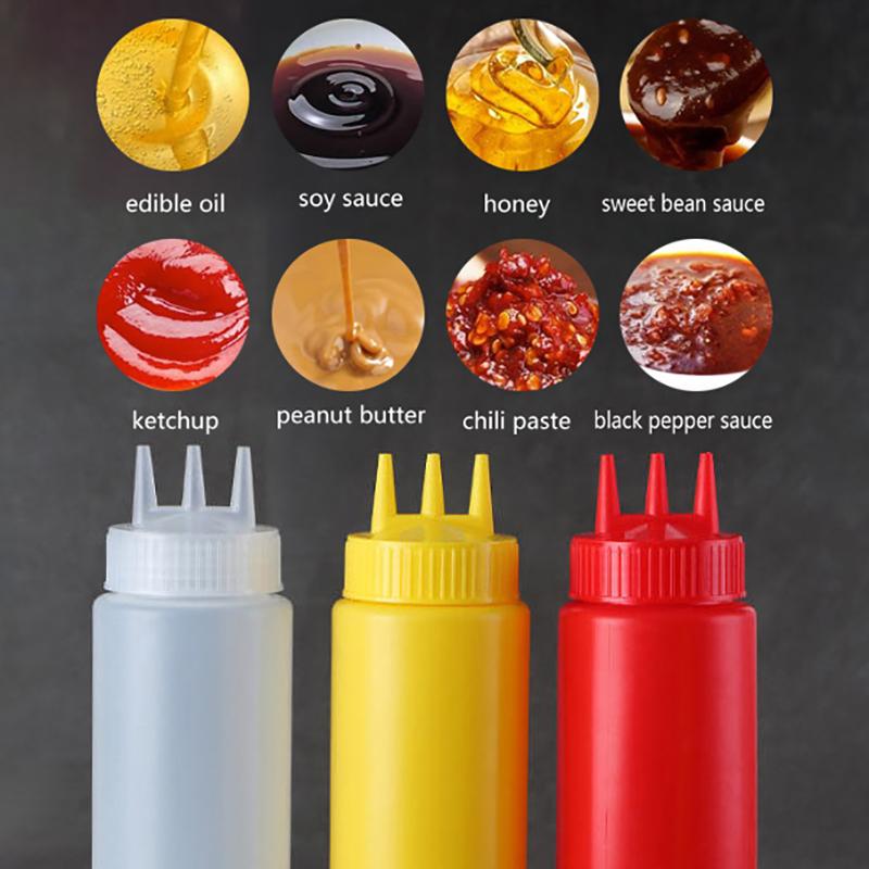 3 Holes Sauce Squeeze Sauce Bottles Condiment Dispenser With Lids Oil Bottle Kitchen Tool Seasoning Mustard Salad Storage Jar