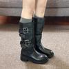 Ретро ботинки рыцаря с круглым носком, универсальные, на толстой подошве, женственные, с пряжкой Maillard, на высоком толстом каблуке, ботинки с большим обхватом голенища
