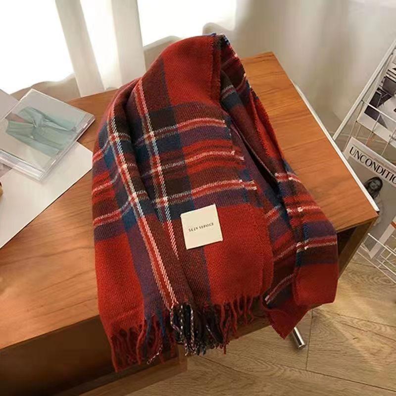 Autumn And Winter Cashmere Green Plaid Scarf Winter Women'S High Sense Versatile Warm Shawl Scarf Tide