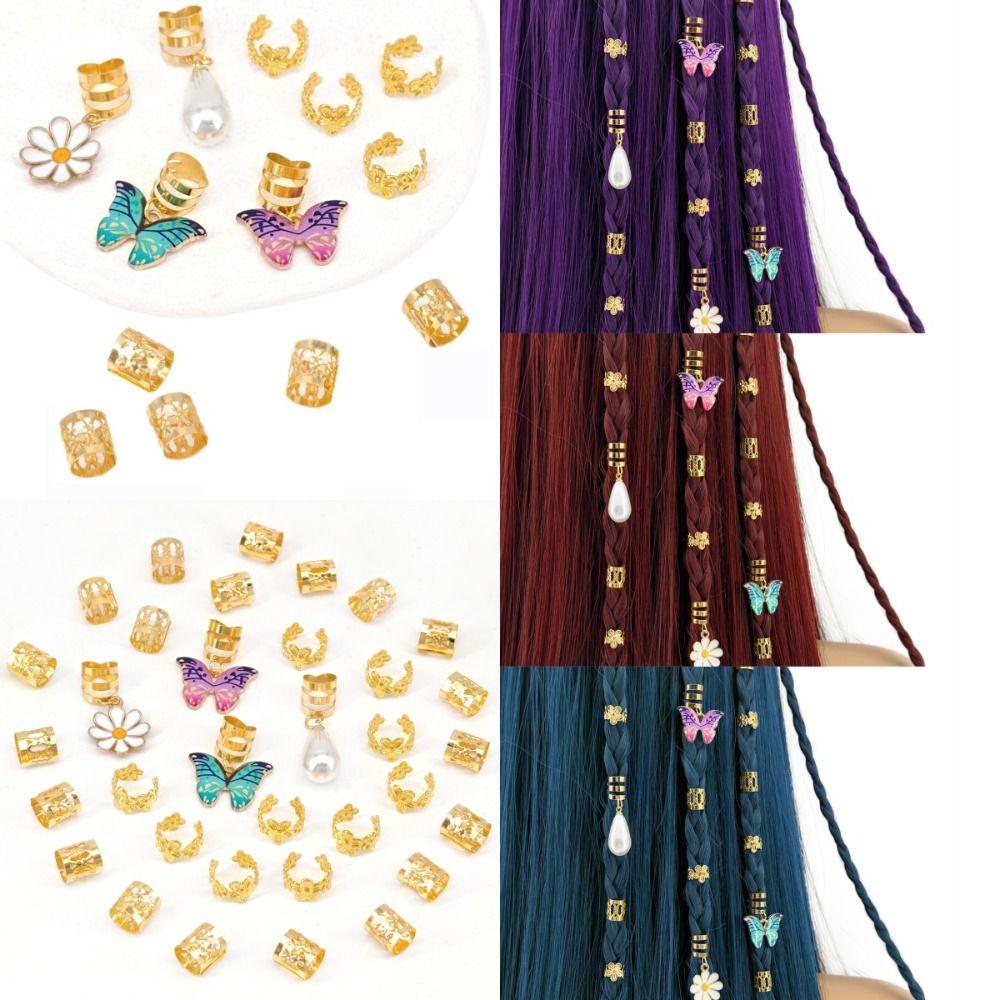 34pcs Dread Locks Hollow Out Hair Ring Butterfly Hair Braid Tubes Gold Dreadlocks Beads  Women