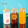 Glass Tumbler with Bamboo Lid Brushes Straw 470ml Can Shaped Glass Cups for Iced Coffee Soda Tea Beer & Ice Coffee Glasses Reusable Glassware
