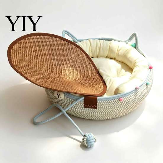 Cozy Resting Space for Pets Cotton Rope Cat Basket Bed, Woven Bed with Hanging Ball Toy, Cute Hand Ears, Indoor Sleeping Nest Cats Kittens Puppies