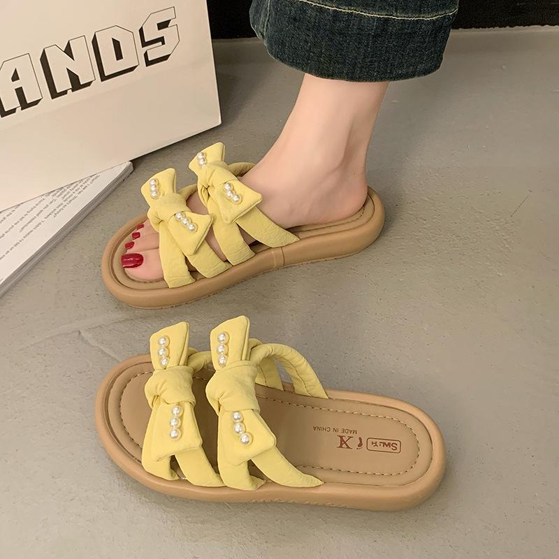 Банты одно слово тапочки женские летние 2025 новые с юбкой на плоском каблуке не устают ноги