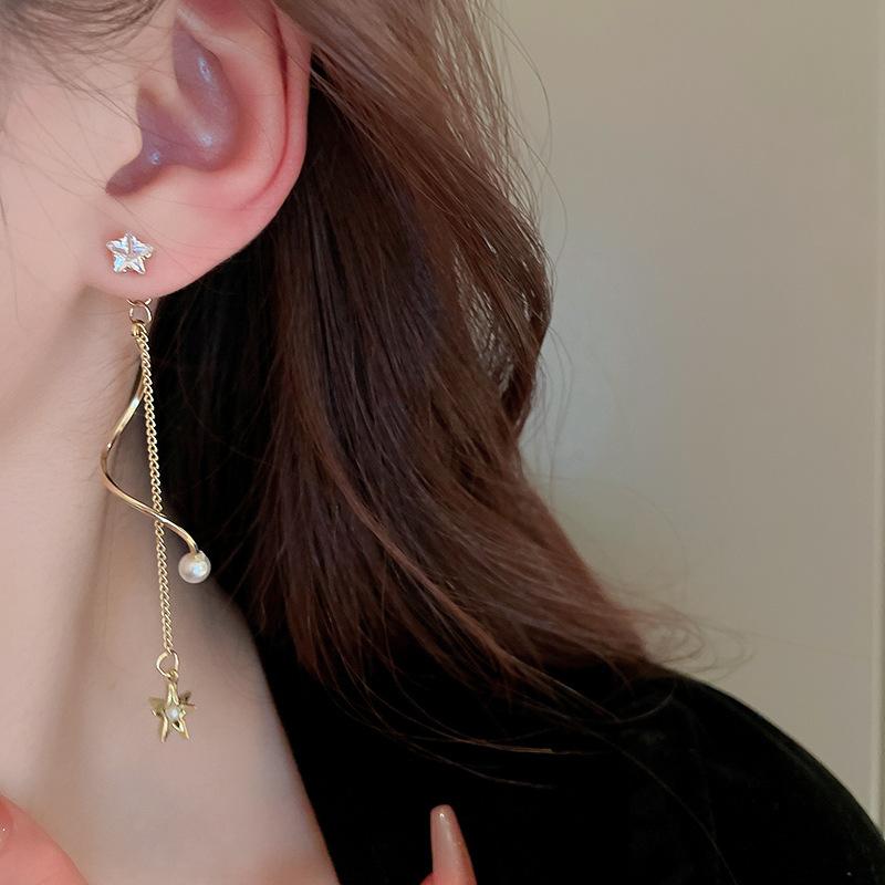 New Fashion Trend Unique Design Elegant Delicate Zircon Pentagram Tassel Pearl Ear Ladies High Jewelry Party Gifts Wholesale