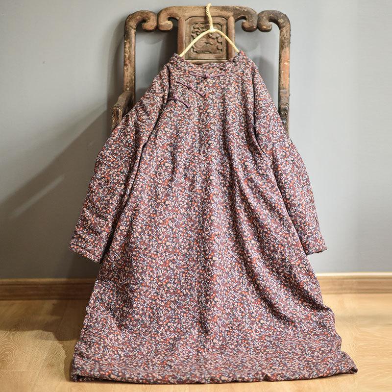 Johnature Autumn Winter Retro Flower Print Plate Buckle Thick Warm Loose Leisure Women Cotton Dresses