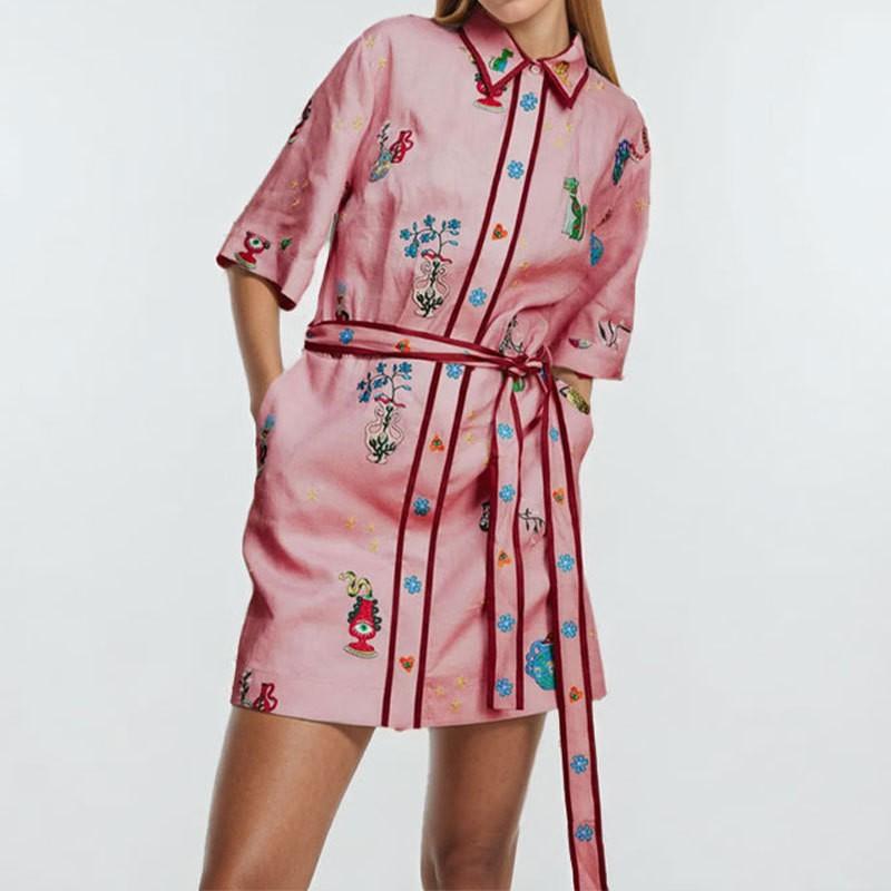 2026 Womens Printed Wrap Tie Neck A-Line Mini Dress High Waist Short Sleeve Elegant Office Casual