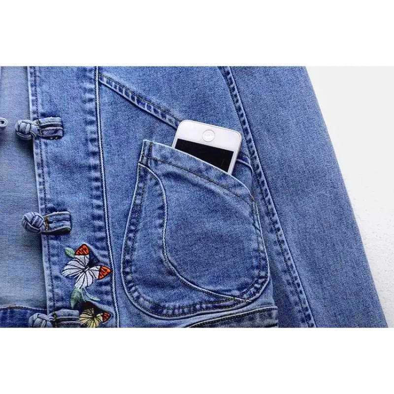 Вышитая джинсовая куртка с воротником-стойкой, женское короткое пальто, винтажная свободная куртка-стрейч в стиле шинуазри, теплая рубашка с длинными рукавами, осень