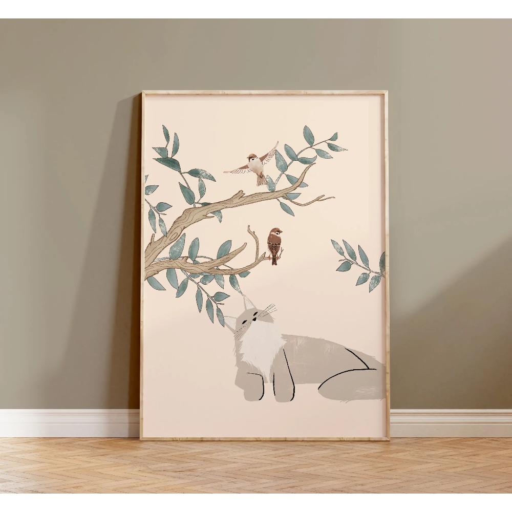 Watercolor Kittens Print Cat and Plant Poster Wall Art Leisurely Cute Kitty Canvas Painting Living Room Bedroom Home Decor