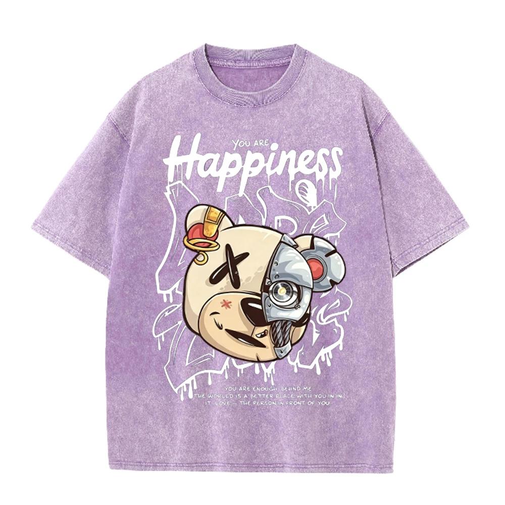2026 Vintage Washed Beige Mechanical Bear Happiness Letter Graphic T Shirt Street Graffiti Print Oversized Casual Short Sleeve T