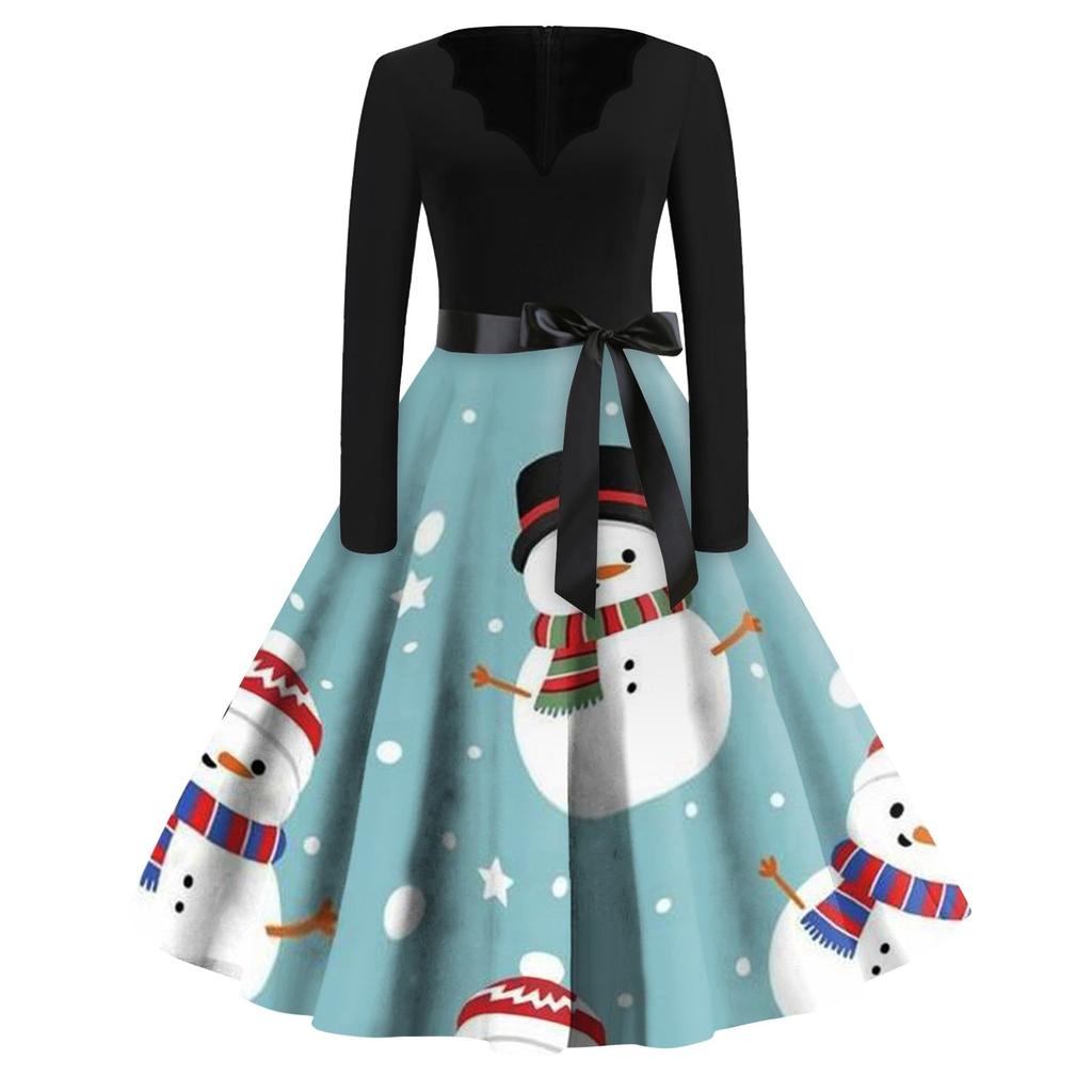Women's Casual Fashion V Neck Long Sleeve Christmas Printed Vintage Long Dress