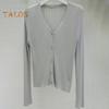 Sun Knit Cardigan for Women Long Sleeve V-Neck Button Up Thin Ice Silk Coat Summer Ribbed Cropped Top for Outdoor Travel Work Beach