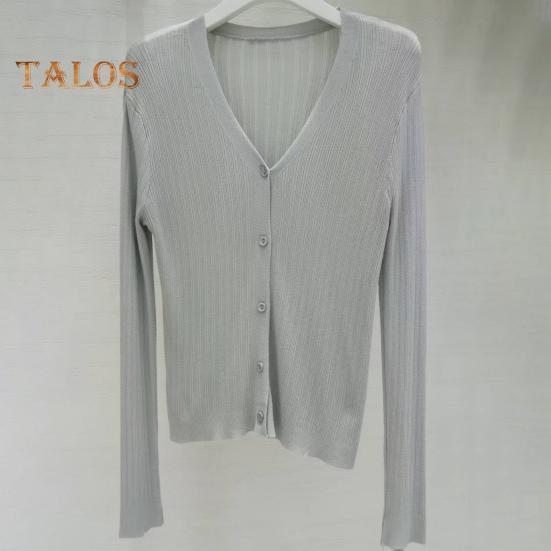 Sun Knit Cardigan for Women Long Sleeve V-Neck Button Up Thin Ice Silk Coat Summer Ribbed Cropped Top for Outdoor Travel Work Beach