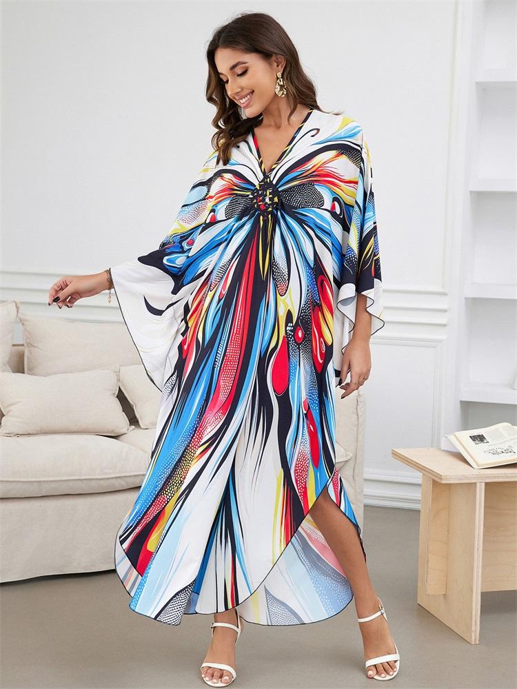EDOLYNSA Boho красочный принт бабочки ручной вязки V-образным вырезом с рукавами «летучая мышь» плюс размер кафтан платье для женщин 2024 летняя пляжная одежда бикини накидки Q1588