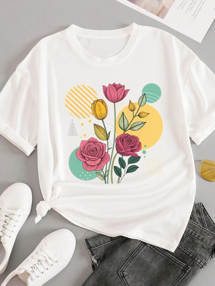 (Азиатский размер) Модные футболки с круглым вырезом для женщин, с милым мультяшным принтом растений, повседневный женский топ, одежда, принт, короткий рукав, графическая футболка