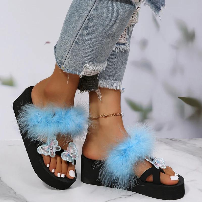 Модные летние шлепанцы с бантом для женщин, повседневные, с меховой отделкой, на танкетке, шлепанцы, женские, для ежедневной носки, износостойкие, с мягкой подошвой, слайды