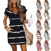 Женские летние платья с V-образным вырезом, коротким рукавом, кулиской, карманом, в полоску, с принтом, повседневные