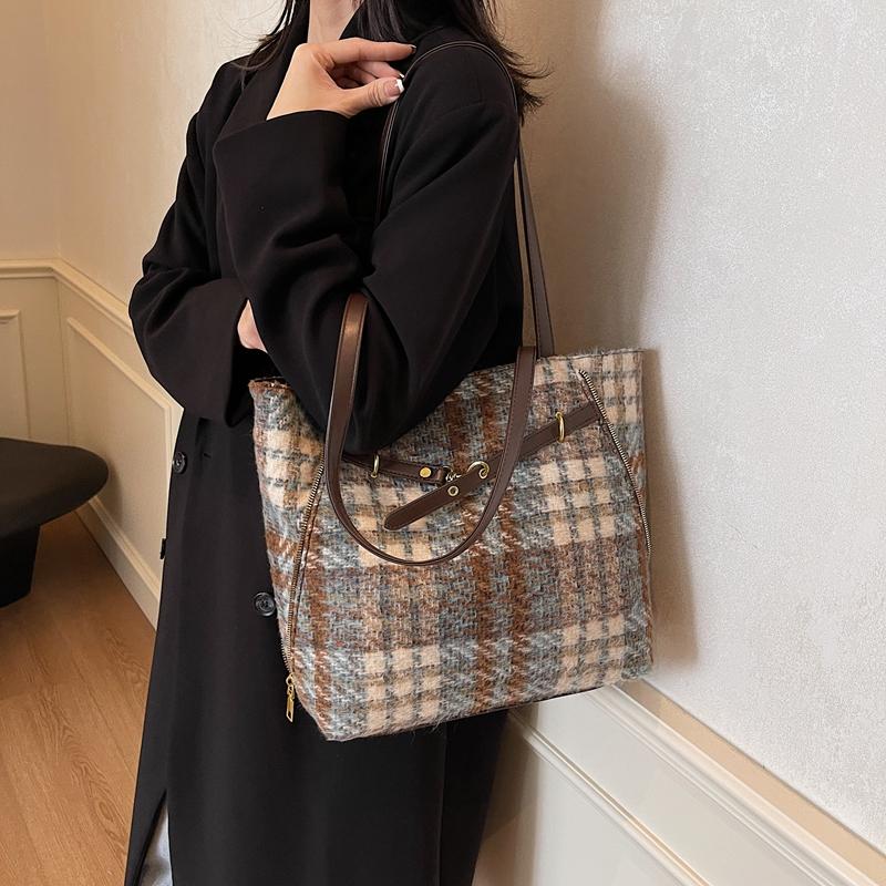 Шерстяная клетчатая сумка-тоут большой емкости женская сумка через плечо винтажная сумка