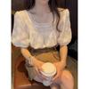 Summer Fashion Square Neck Lace Women Blouse Casual Sweet Loose Puff Short Sleeve Tops Solid Color Elegant Casual Hooked Flower Hollow Apricot Shirt