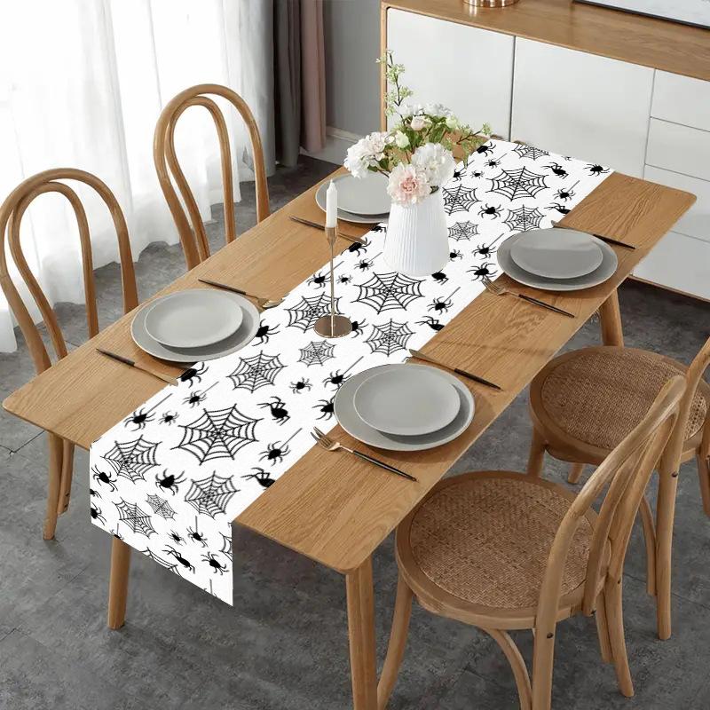 1pc White Black Halloween Table Runner with Spider Web Pattern Dustproof Durable Tablecloth for Halloween Theme Party Decoration