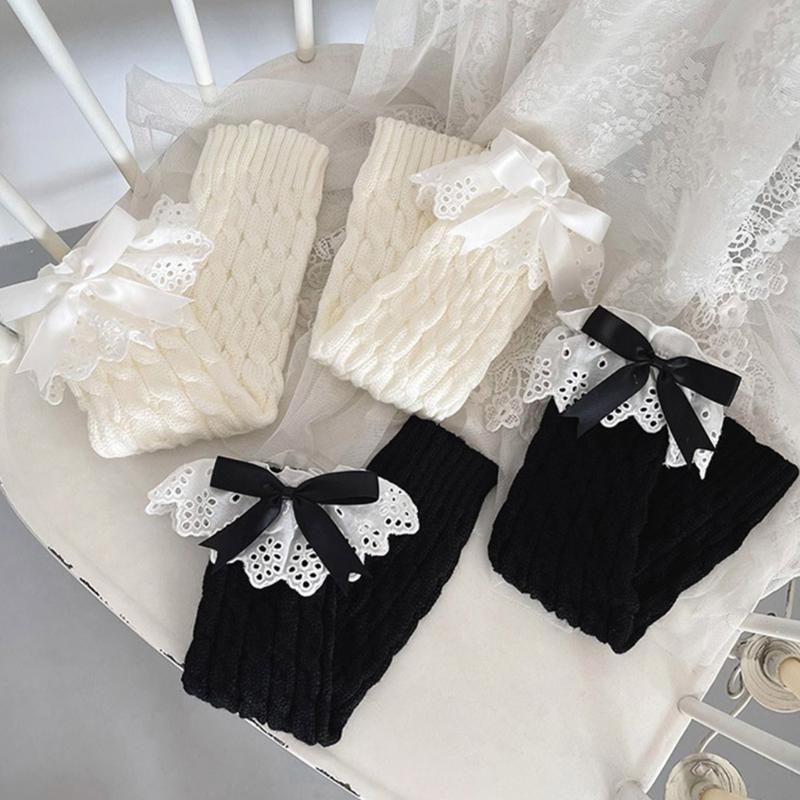 Women Autumn Ruffled Lace Bowknot Leg Warmers Japanese Lolita Twist Cable Knitted Foot Covers Student Stretch Calf Socks