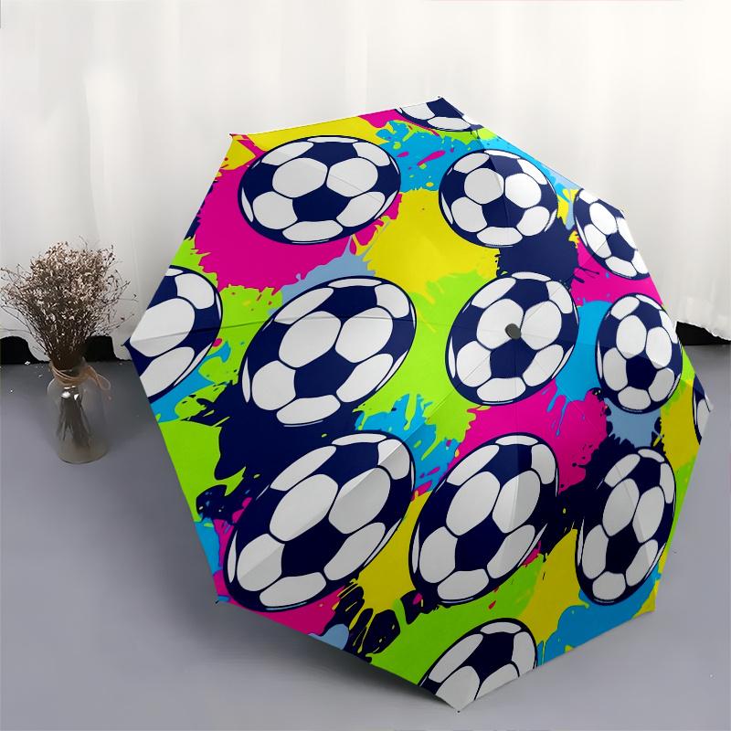 Soccer Ball Pattern Automatic folding umbrella simple eight rib design, bright color pattern, durable iron frame, ideal for travel and outd