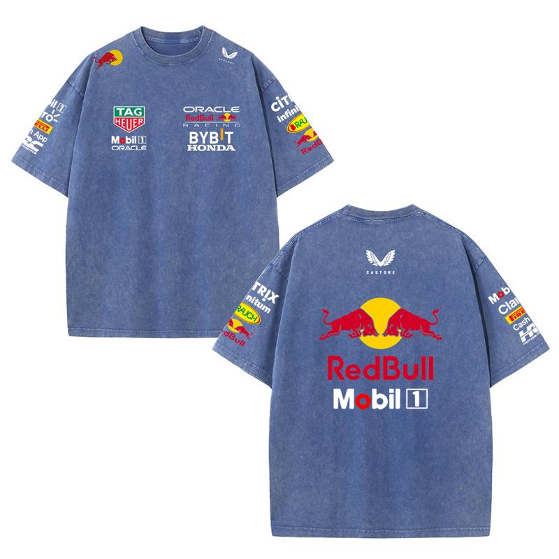 Летний гоночный костюм Формулы 1 Команда Red Bull Vestapan Униформа Короткий рукав Винтажная стирка Футболка Футболка с круглым вырезом