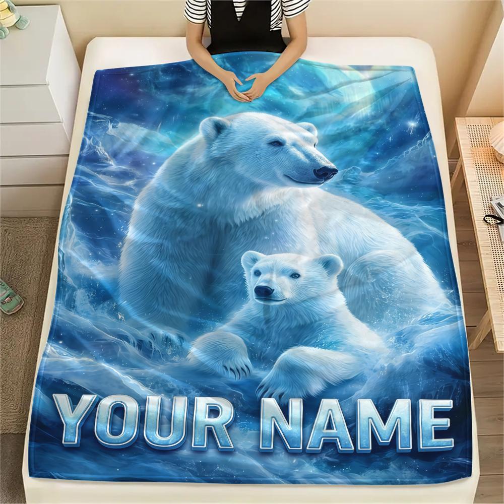 1PC Custom Name Polar Bears Winter Patterned Flannel Blanket Suitable For All Seasons for Home Decor Warmth and Comfort Gifts Holiday Present_lx