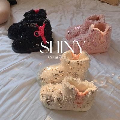 Мода 2025 Зима Женские Роскошные Длинные Плюшевые Теплые Снежные Ботинки Повседневная Обувь Новые Меховые Перья Пайетки Дизайнерские Ботильоны Женские Толстая Обувь