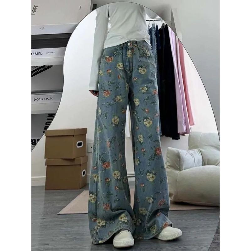 Джинсы с широкими штанинами с цветочным принтом для женщин Летние Свободные Брюки в американском ретро стиле Модные с высокой талией Шикарные Универсальные Брюки
